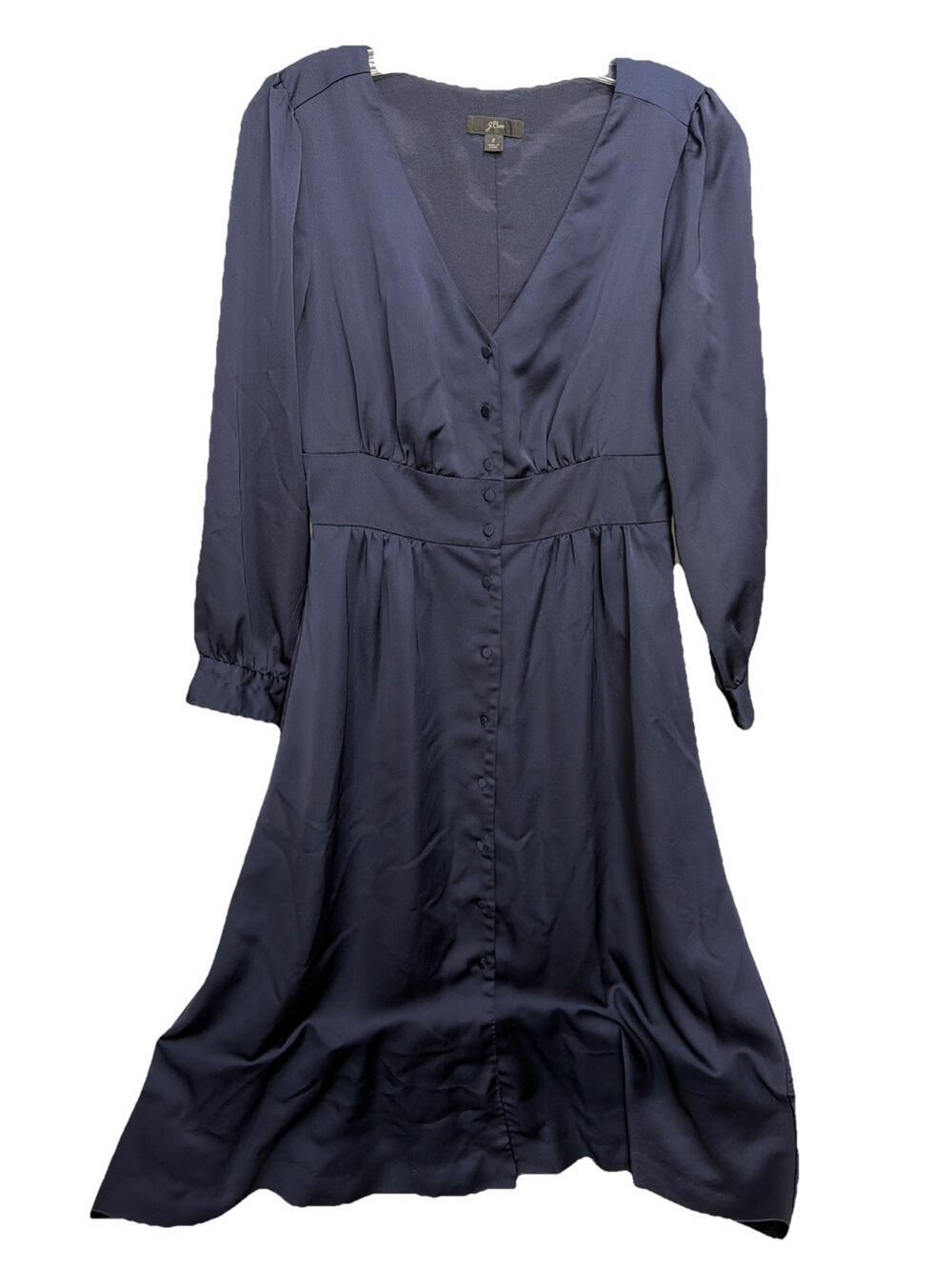J.CREW Button Front Shirred V-Neck Lined Midi Dress Navy Size 2